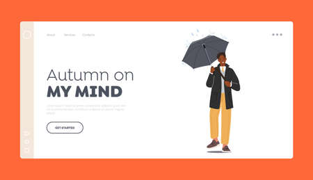 Autumn Meteorology Forecast Landing Page Template. Young African Business Man City Dweller with Umbrella under Rainのイラスト素材