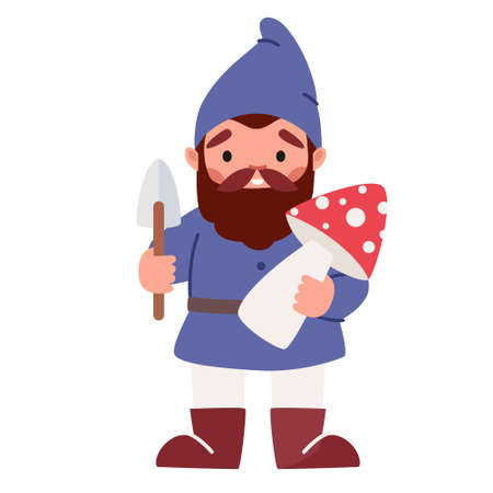 Funny Garden Dwarf Holding Mushroom and Spade in Hands. Fairy Tale Gnome Isolated on White Background, Cute Elf, Goblinのイラスト素材