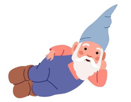 Funny Garden Dwarf Wear Hat and Overalls Lying on Ground Gnome Isolated on White Background. Cute Elf Characterのイラスト素材