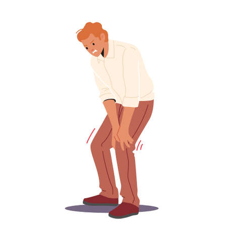 Man Feel Strong Pain in Knee. Male Character Touching Leg, Health Problem, Disease Symptoms and Unhealthy Body Sicknessのイラスト素材