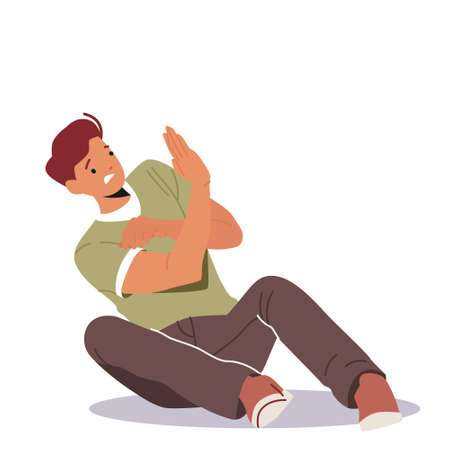 Fear, Panic Attack Concept. Man Protecting from Something with Hands Sitting on Floor, Male with Psychological Problemsのイラスト素材