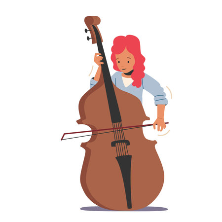 Musician Girl Play Contrabass or Cello String Instrument Perform on Stage with Classical Music Concert, Performanceのイラスト素材