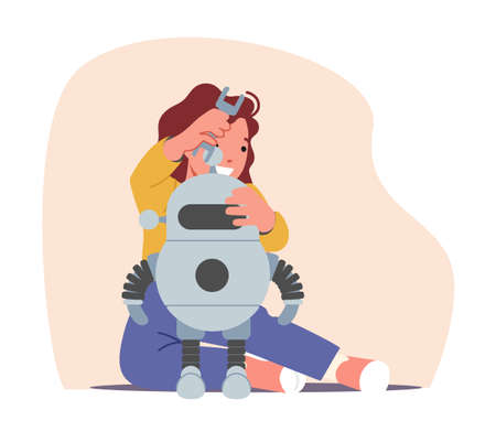 Child Character Enjoying Science Lesson, Create Engineering Project, Programming Smart Robot at Class or Workshopのイラスト素材