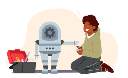 Little Boy Character Study Robotics Technology. Engineering and Intelligence Classes for Kids. Cute Boy Building Robotのイラスト素材