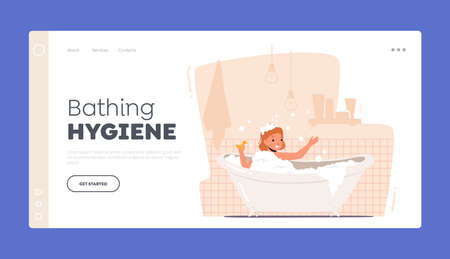 Bathing Hygiene Landing Page Template. Little Baby in Bathtub, Kid Character Routine. Child Washing in Bathroom with Toyのイラスト素材
