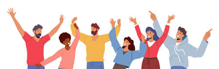 Crowd of Happy People Raising and Waving Hands Celebrate Success, Young Male and Female Characters Positive Gesturesのイラスト素材