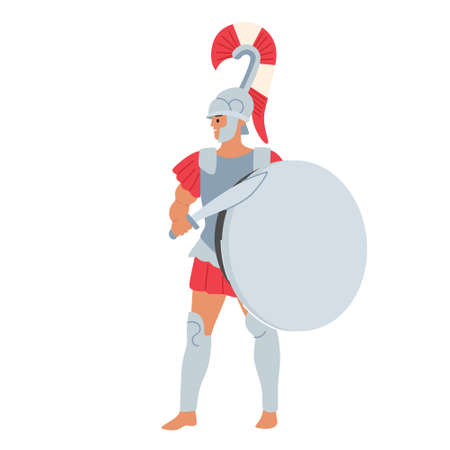 Legionary Soldier, Roman Warrior Gladiator Wearing Helmet Holding Sword and Shield Isolated on White Backgroundのイラスト素材