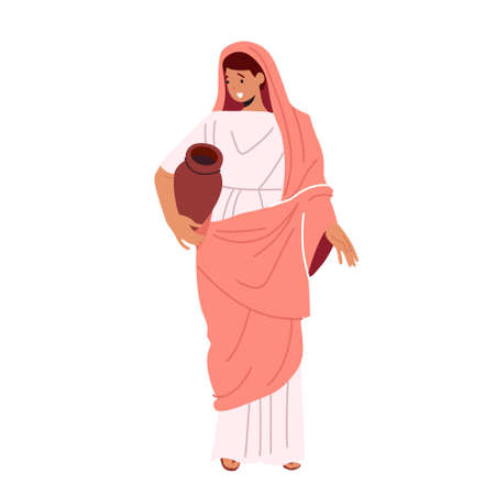 Roman Woman Wear Tunic and Sandals Traditional Ancient Rome Clothes, Female Character in Historical Costume Holding Jugのイラスト素材