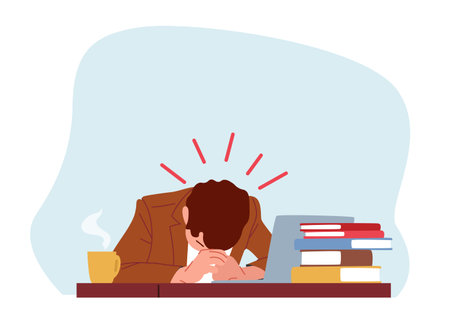Professional Burnout, Overwork Tiredness Fatigue and Depression Concept. Tired Overload Businessman with Low Life Energyのイラスト素材