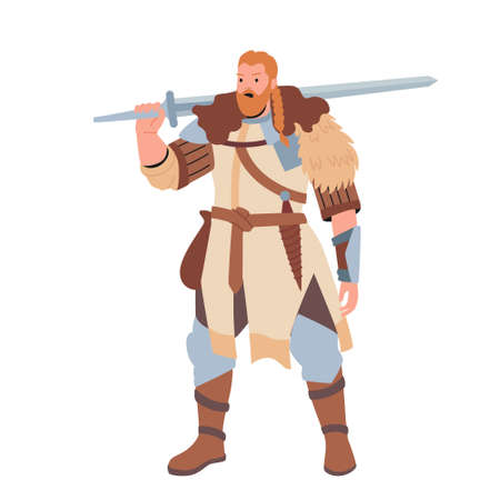 Redhead Scandinavian Warrior, Barbarian Soldier. Viking Male Character with Ginger Beard Wearing Animal Skin Hold Armorのイラスト素材