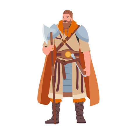 Viking, Scandinavian Warrior Male Character with Tressed Beard, Wear Cape, Holding Armor Axe and Dagger on Beltのイラスト素材