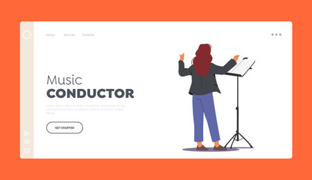 Music Conductor Landing Page Template. Character Perform on Stage Directing with Notebook and...