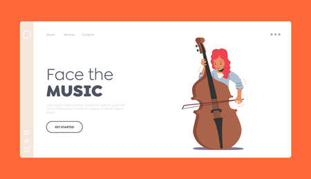 Performance on Scene Landing Page Template. Musician Girl Character Play Contrabass or Cello String Instrument Performのイラスト素材