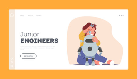 Junior Engineers Landing Page Template. Child Character Enjoying Science, Create Engineering Project, Programming Robotのイラスト素材