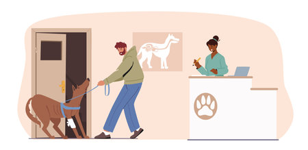Man with Dog Visiting Veterinary Clinic, Owner Pull Diseased Dog into Hall with Administrator Girl Stand on Receptionのイラスト素材