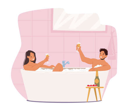 Couple Date in Bathtub, Relaxation, Body Care, Honeymoon Concept. Young Man and Woman Sitting in Bath Tub with Foamのイラスト素材