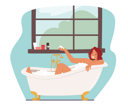 Girl Washing Body Sitting in Foamy Bath Tub with Bubbles. Young Woman Relaxing in Bathtub with Foam and Cosmeticsのイラスト素材