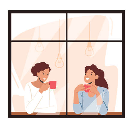 Young Women Looking Through the Window of Home or Cafe Drinking Coffee or Tea Holding Cups in Hands, Girlfriends Meetingのイラスト素材