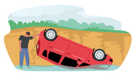 Sad Driver Stand near Broken Car Fall from Cliff into Water, Automobile Lying on Roof. Accident, Dangerous Situation,のイラスト素材