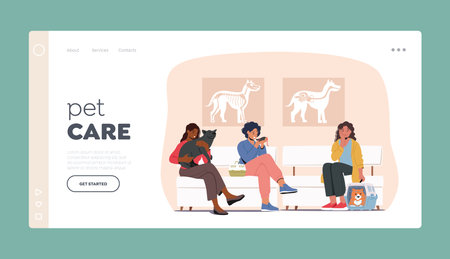 Pet Care Landing Page Template. People with Animals in Veterinary Clinic Sit on Chairs in Hospital Interior, Vet Clinicのイラスト素材