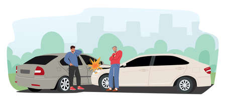 Car Accident on Road, Couple of Drivers Male Character Stand on Roadside at Crashed Automobiles. Insurance Situationのイラスト素材
