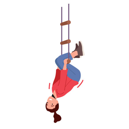 Little Girl Hanging Upside Down on Rope Ladder, Child Swing on Playground, Has Fun and Recreation at Summer Vacationのイラスト素材