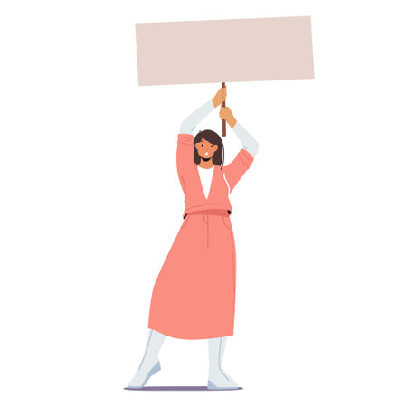 Protesting Woman with Placard on Strike or Demonstration, Female Activist Character with Banner and Sign Against Warのイラスト素材