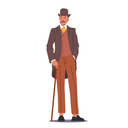 Elegant Proud Man of Nineteenth Century. English Victorian Gentleman in Frock Coat, Hat Hold Walking Cane, Male Charaterのイラスト素材