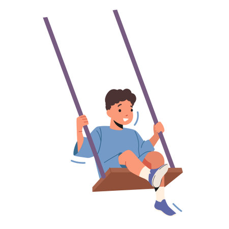 Happy Boy Swing Isolated on White Background. Little Child Male Character Sitting on Rope Teeterboard Enjoy Recreationのイラスト素材