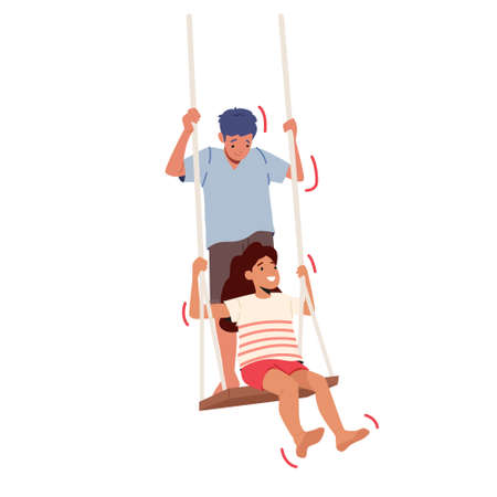 Happy Children Playing together Swinging on Seesaw. Little Boy and Girl Friends or Brother with Sister Characters Funのイラスト素材