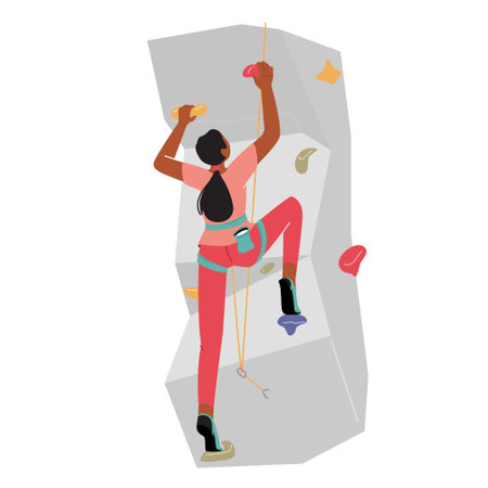 Female Character Rock Climber Climbing Wall with Grips, Sportive Girl in Rope Harness Healthy Life and Extreme Activityのイラスト素材