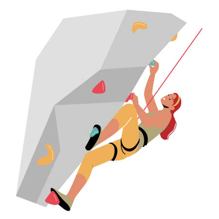 Mountain Climber Female Character Extreme Sport, Active Lifestyle. Woman Climbing Rock with Grips in Rope Parkのイラスト素材