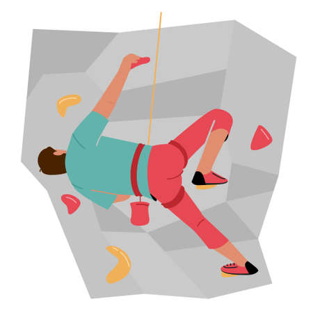 Male Character Rock Climber Practicing in Rope Park, Man Climbing Wall with Grips, Healthy Life and Extreme Activityのイラスト素材
