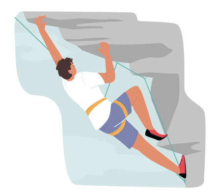 Young Climber Male Character Climbing the Mountain. Man with a Rope Having Extreme Recreation in Park or on Natureのイラスト素材