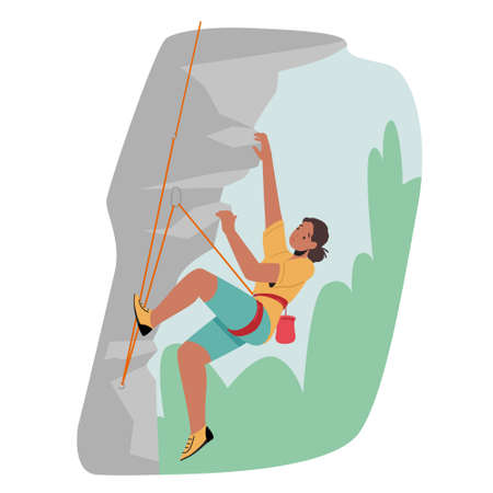 Woman Climb Up Mountain. Female Character Rock Climber Climbing Rock with Ropes, Sportive Girl in Harness Healthy Lifeのイラスト素材
