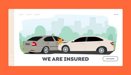 Car Crash, Road Collision Landing Page Template. Accident. Damaged Transport in City, Drive Disaster, Smashed Vehiclesのイラスト素材