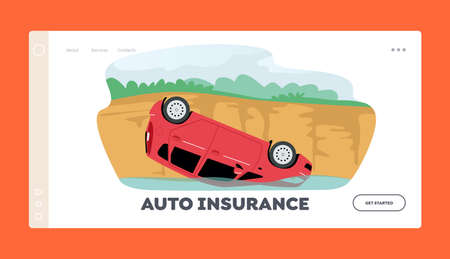 Auto Insurance Landing Page Template. Broken Car Fall from Cliff into Water, Automobile Lying on Roof. Accident, Damageのイラスト素材