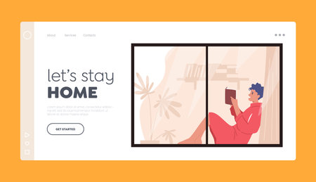 Stay Home Landing Page Template. Woman Sitting on Windowsill Read Book at Home. Female Character Reading Sit at Windowのイラスト素材