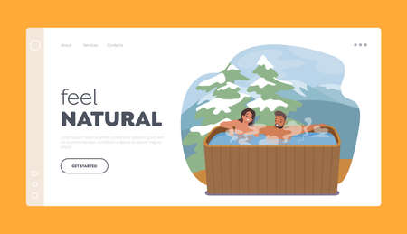 Relaxation, Wellness, Honeymoon Landing Page Template. Young Couple Sitting in Wooden Bath with Water Taking Saunaのイラスト素材