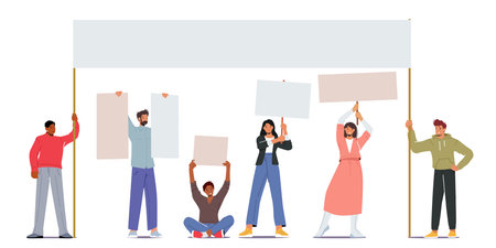 Angry People with Placards on Rally Demonstration, Strike. Male or Female Characters Holding Empty Placards, Bannersのイラスト素材