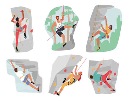 Set Male and Female Characters Climbing Mountain and Wall with Grips. Climbers Mountaineering Extreme Sport Activityのイラスト素材
