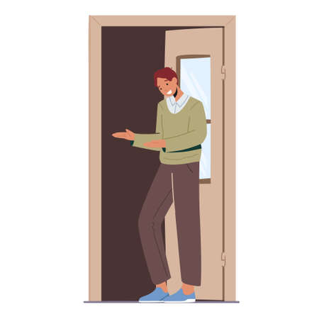 Friendly Male Character Invite into Open Door, Man Show Invitation Gesture Stand at Doorway Isolated on White Backgroundのイラスト素材