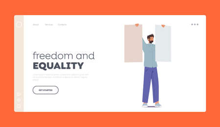 Freedom and Equality Landing Page Template. Man with Placards on Strike or Revolution. Male Character Holding Bannersのイラスト素材