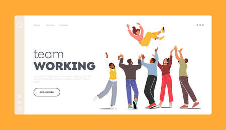 Team Working Landing Page Template. Happy People Toss Up Person Celebrating Success, Group of Positive Friendsのイラスト素材