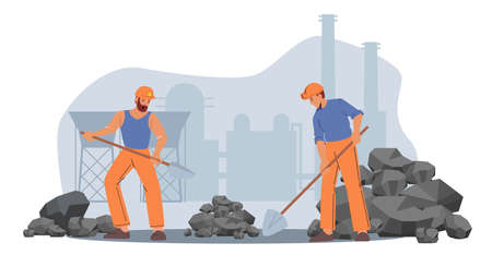 Coal Mining, Extraction Industry Concept. Miners Male Characters Work on Quarry with Tools, Digging Coal on Factoryのイラスト素材
