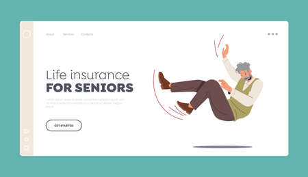 Life Insurance for Seniors Senior Landing Page Template. Careless Aged Man Falling, Old Male Character Fall due Stumbleのイラスト素材