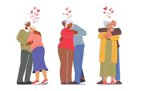 Senior Loving Couples Hug, Aged People Romantic Relations Concept. Happy Old Men or Women Embracing, Holding Handsのイラスト素材