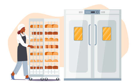 Bakery Industry Factory Technologies, Baking Plant Working Process. Baker in White Robe Rolling Metal Trolley with Breadのイラスト素材