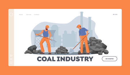Coal Mining, Extraction Industry Concept Landing Page Template. Male Miners Work on Quarry with Tools, Digging Coalのイラスト素材