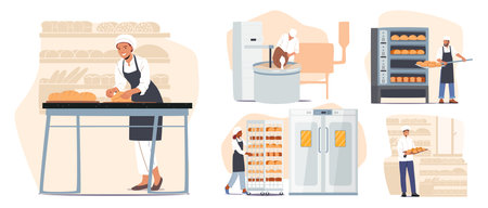 Bread Baking Industrial Process, Machinery Production. Workers Character in Toques, Mixing Flour, Kneading Doughのイラスト素材